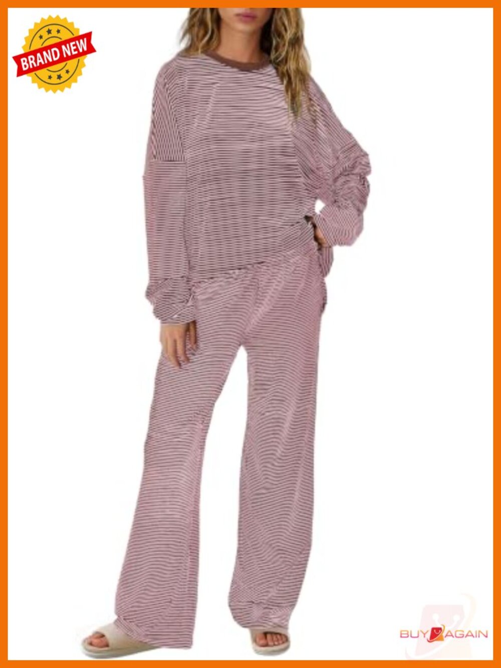 Striped Knit Lounge Set Long Sleeve Top Wide Leg Pants 2 Piece
